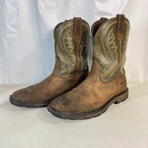 Ariat Groundstomper Work Boots Brown/Olive Green Men’s 9.5 D Pull-On Square Toe